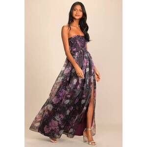 Lulus Wonderful Waltz Purple Floral Print Strapless Bustier Maxi Dress - Size L